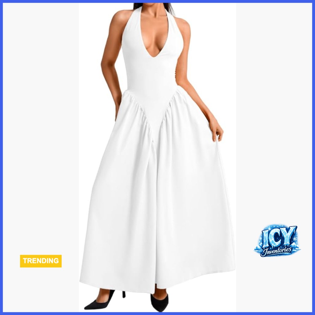 Polyester Elastane Halter Maxi Dress Deep V Neck Formal